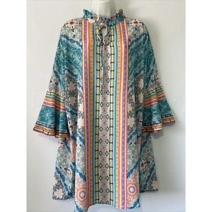 UMGEE High Henley Neck Boho-Multi Top Size Large